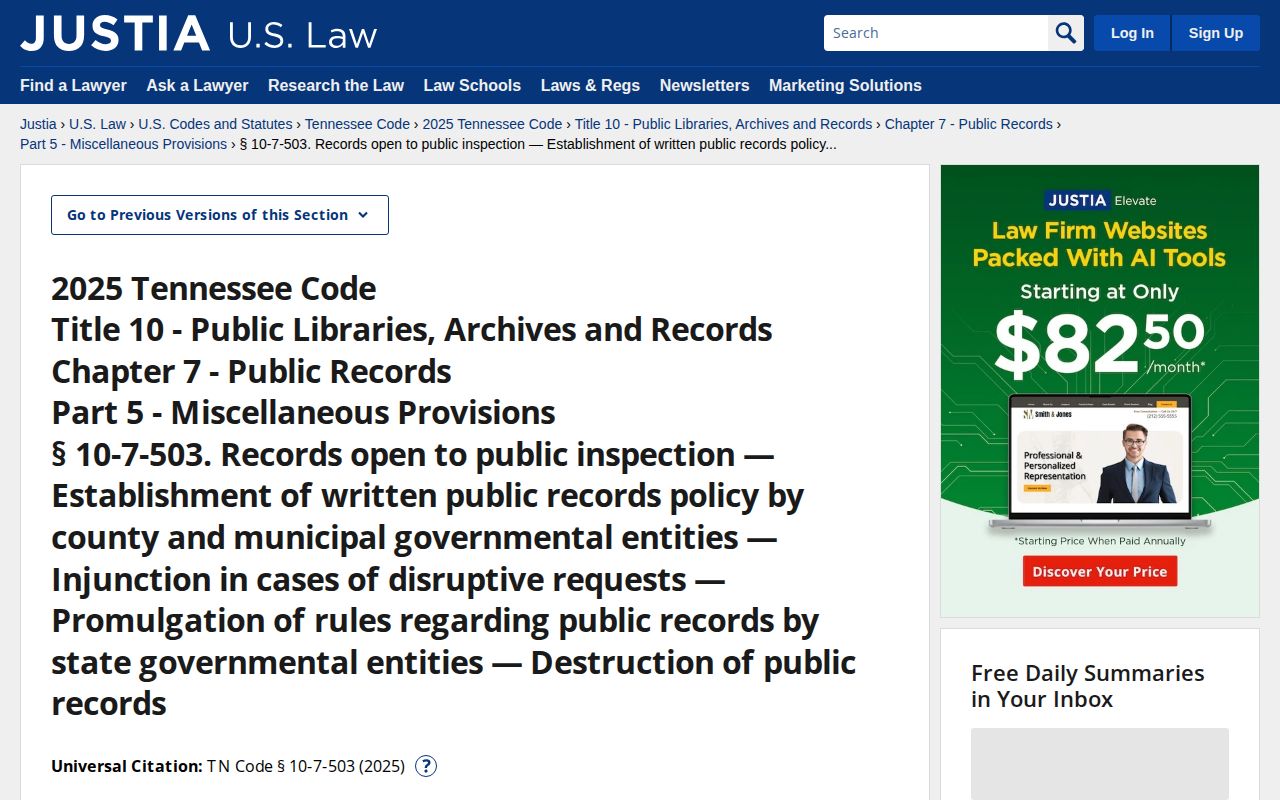 Scott County Tennessee public-record statute reference for booking records
